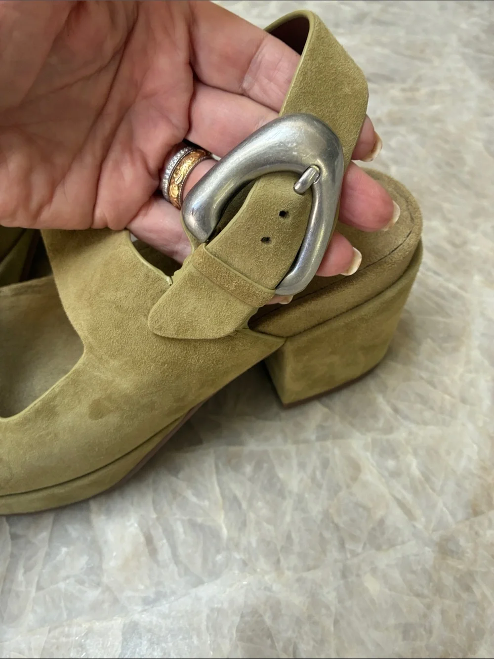 Suede Platform Block Heel Sandals in Olive - Women. New. Never worn.